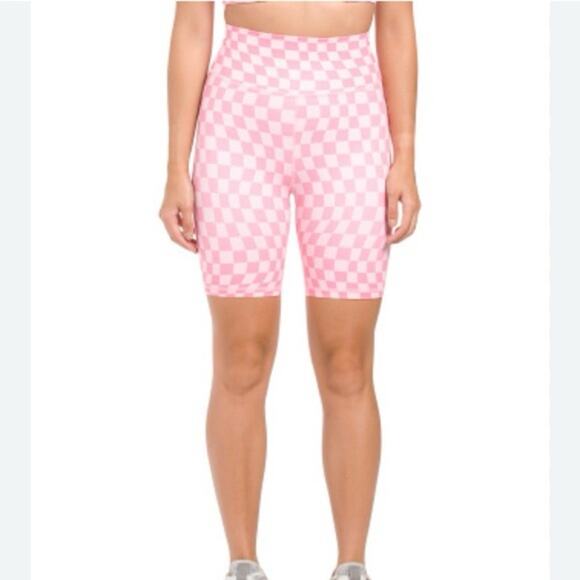 Wilo The Label Pink Checkered High Rise Biker Shorts Size Medium - Picture 1 of 7
